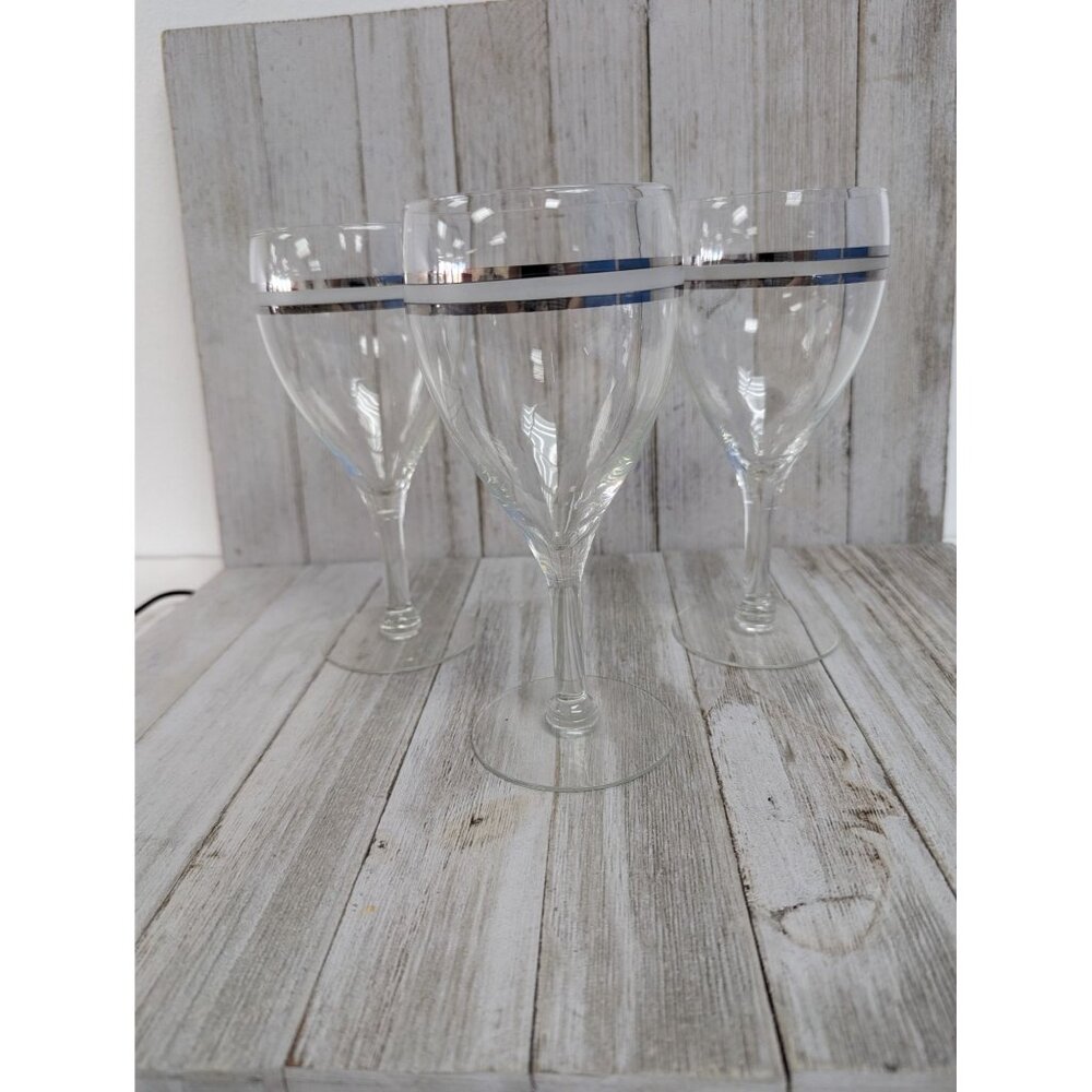 Wine Goblets Champagne Glasses 6 7/8" Stemmed Set of 3 Silver Bands